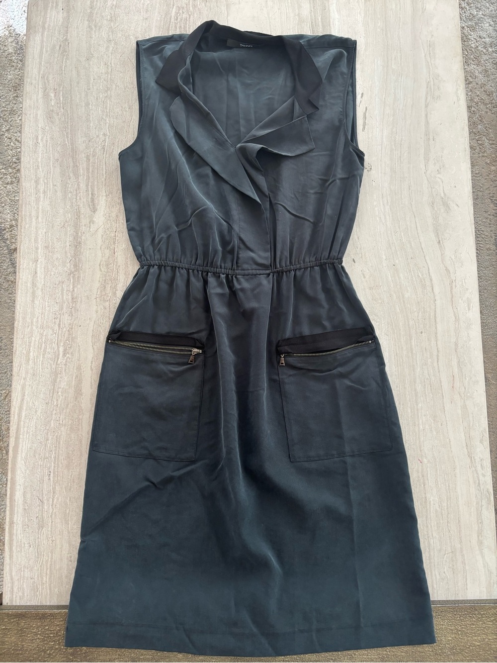 Tahari Black Sleeveless Ruffled V-Neck Dress with Zip Pockets